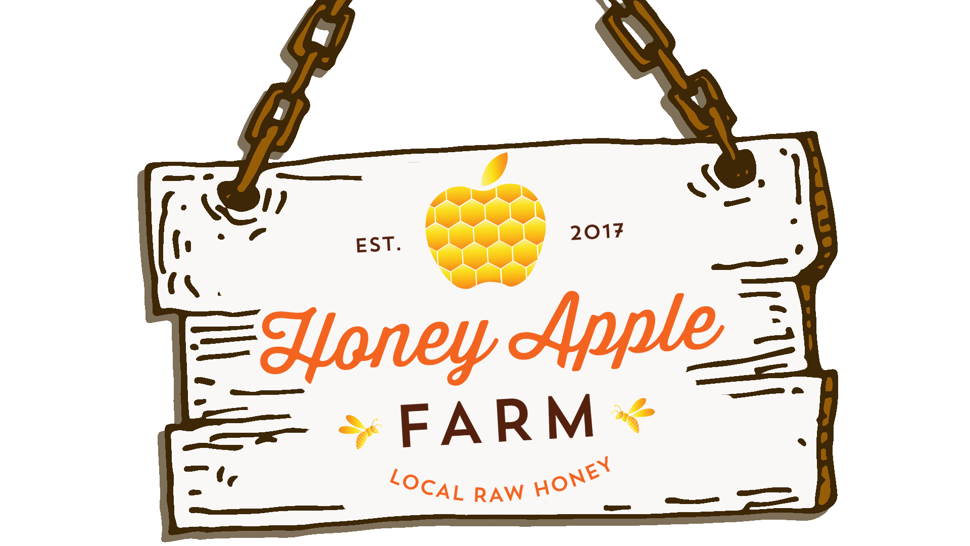 Honey Apple Farm logo on a white hanging sign with a bee and orange script text