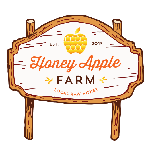 Honey Apple Farm logo on rustic wooden sign with honeycomb icon, orange and brown text, “Local Raw Honey”