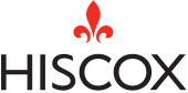 A logo for hiscox with a red fleur de lis on a white background.