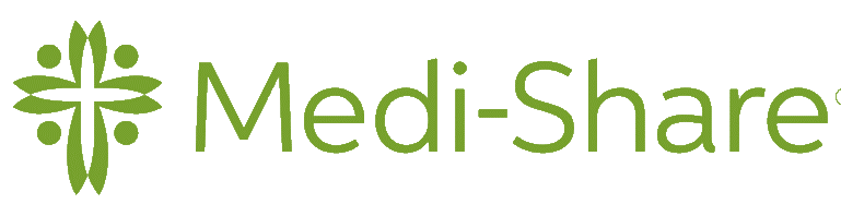 The logo for medi-share is green and white and has a cross on it.