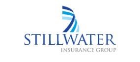 The logo for stillwater insurance group is blue and white