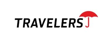 A logo for travelers j with a red umbrella on a white background.