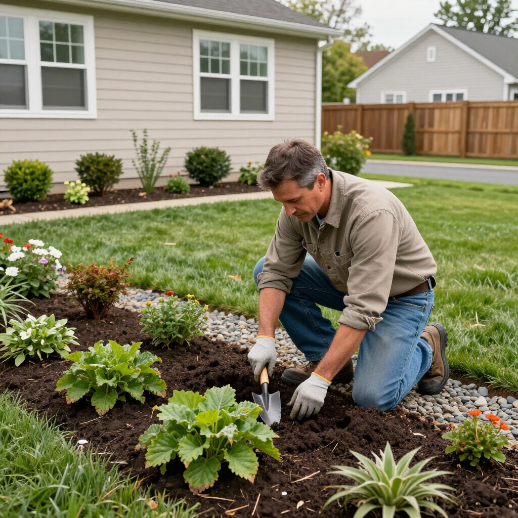 Man kneeling and planting flowers in a landscaped front yard beside a house.
