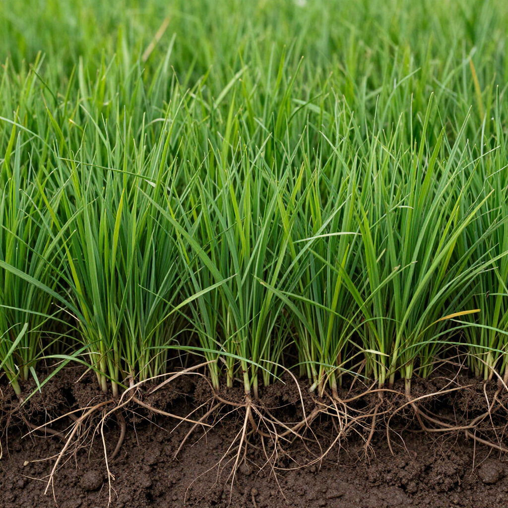 Close-up of lush green grass blades growing in dark soil with exposed roots