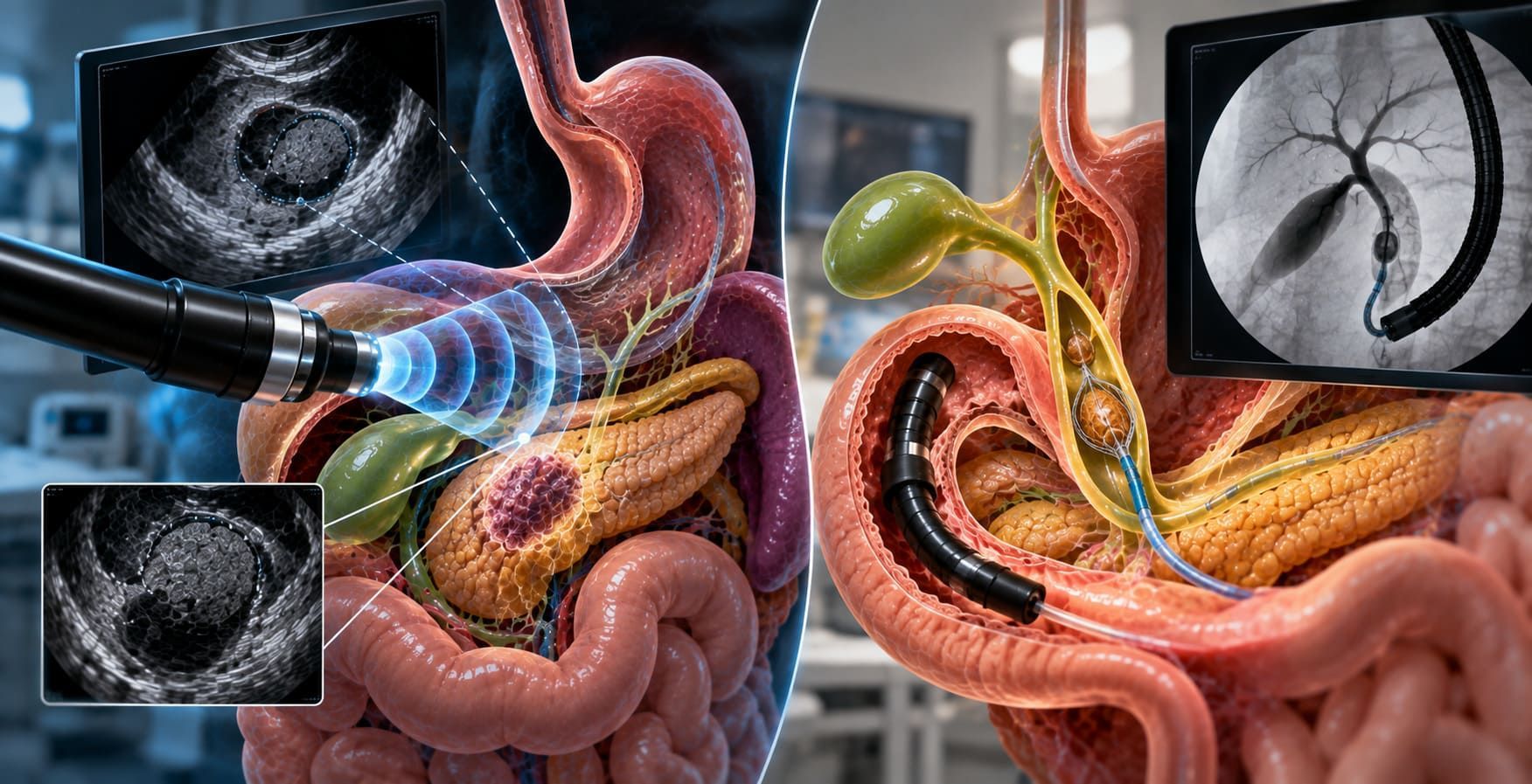 الفرق بين منظار EUS ومنظار ERCP لتقييم وعلاج البنكرياس والقنوات المرارية