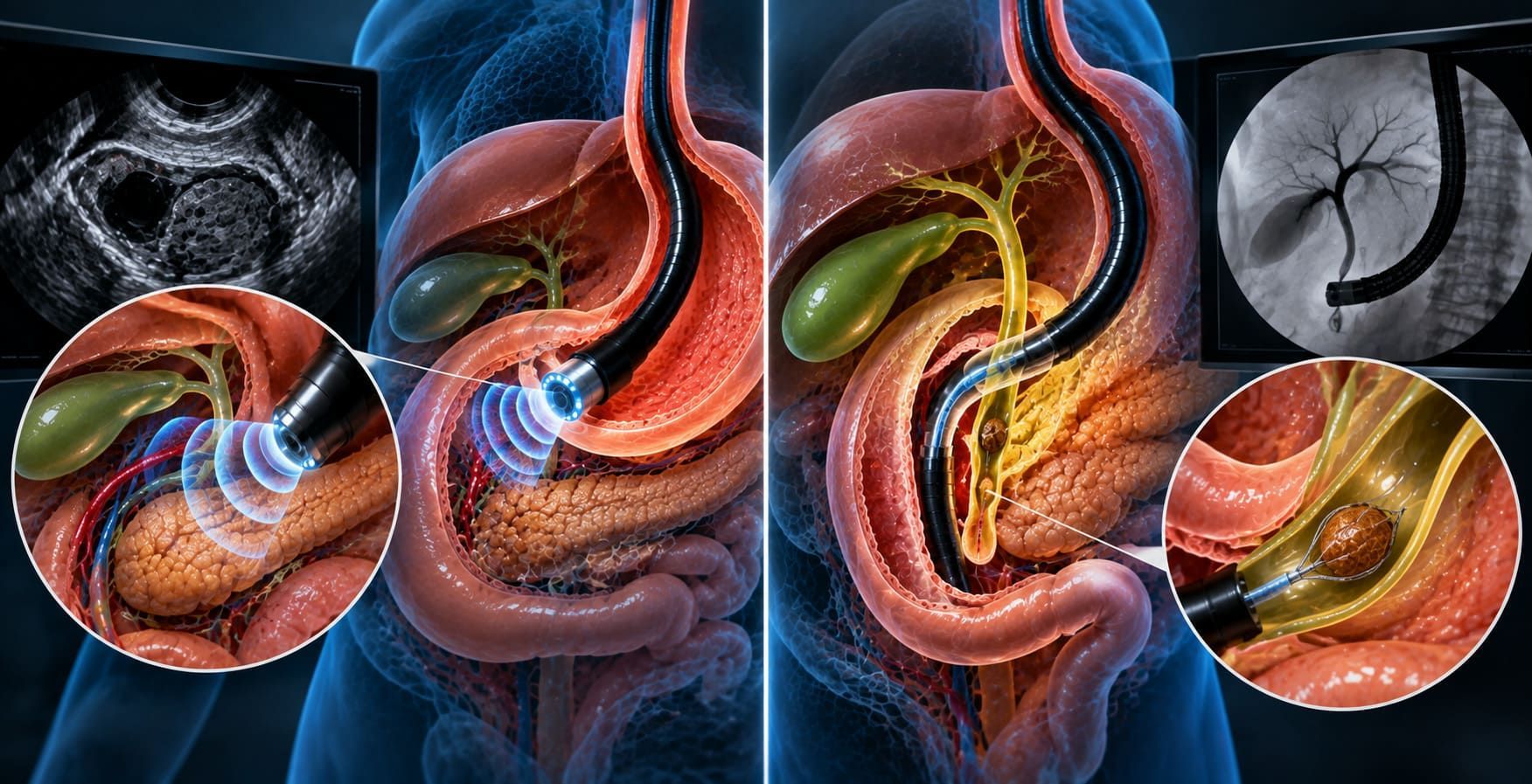 مقارنة بين EUS للتشخيص وERCP لعلاج حصوات وانسداد القنوات المرارية