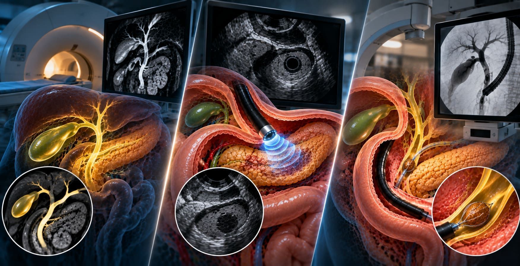 اختيار MRCP أو EUS أو ERCP حسب تشخيص أو علاج حصوات وانسداد القنوات المرارية