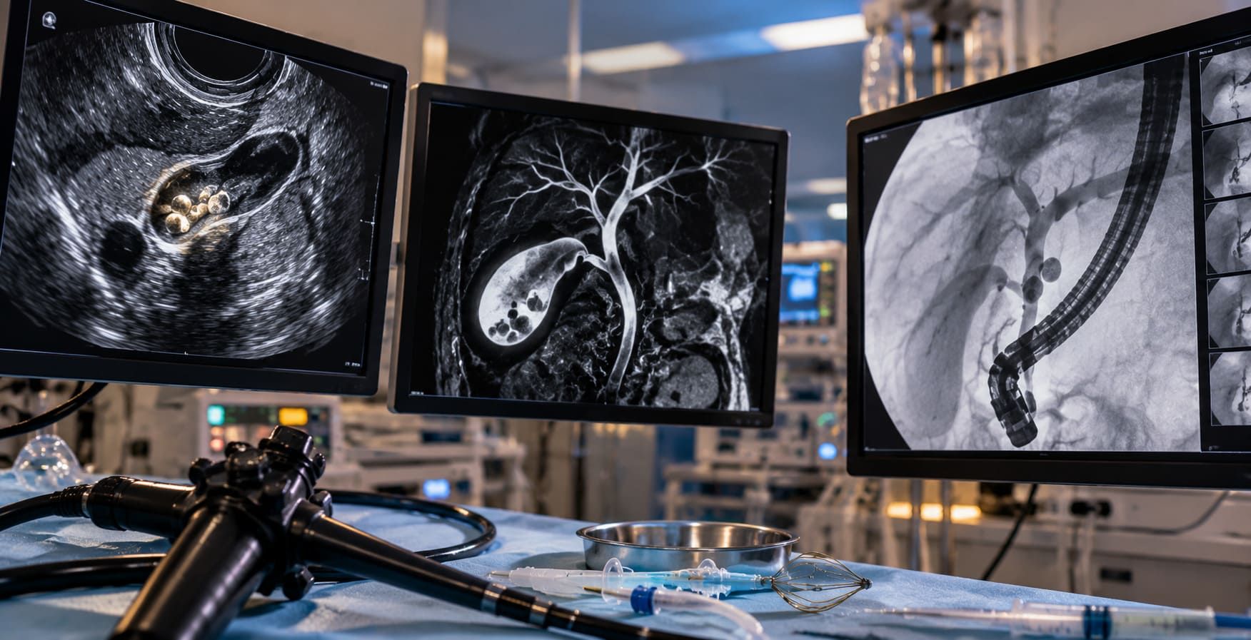 تدخل منظار القنوات المرارية ERCP لاستخراج حصوات القناة الصفراوية بعد تحديد موقعها باستخدام EUS أو MRCP