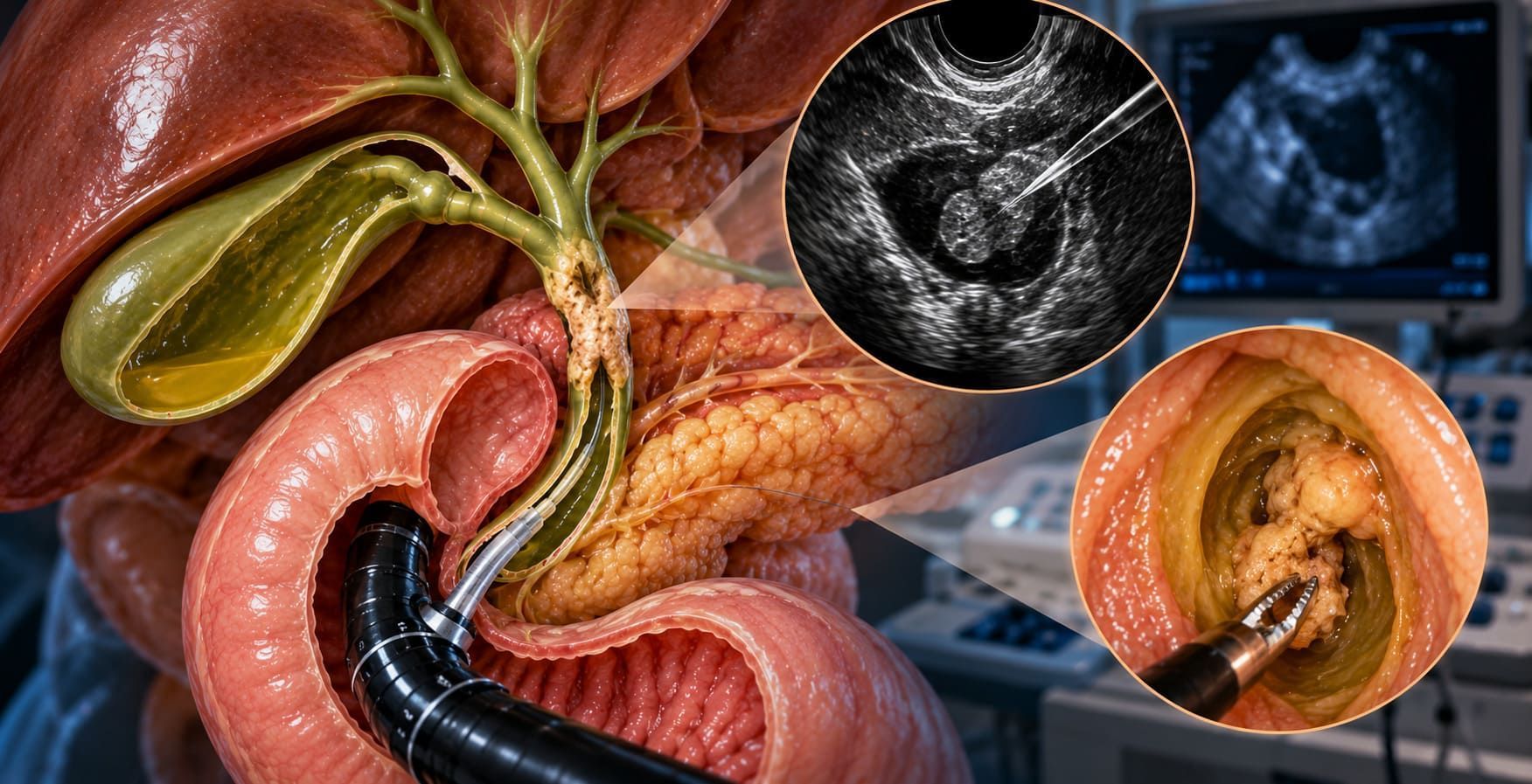 توضيح دور منظار الموجات فوق الصوتية EUS ومنظار القنوات ERCP في تقييم ضيق القناة المرارية وأخذ العينات وعلاج الانسداد
