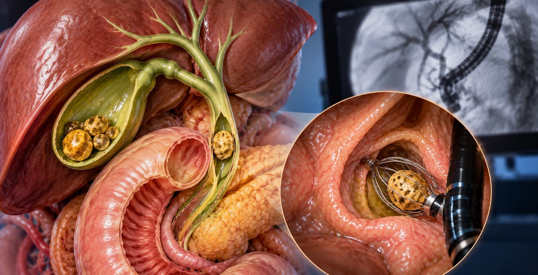 انسداد القناة المرارية وتأثيره على تصريف العصارة الصفراوية ودور منظار ERCP في إزالة الحصوات أو تركيب الدعامة