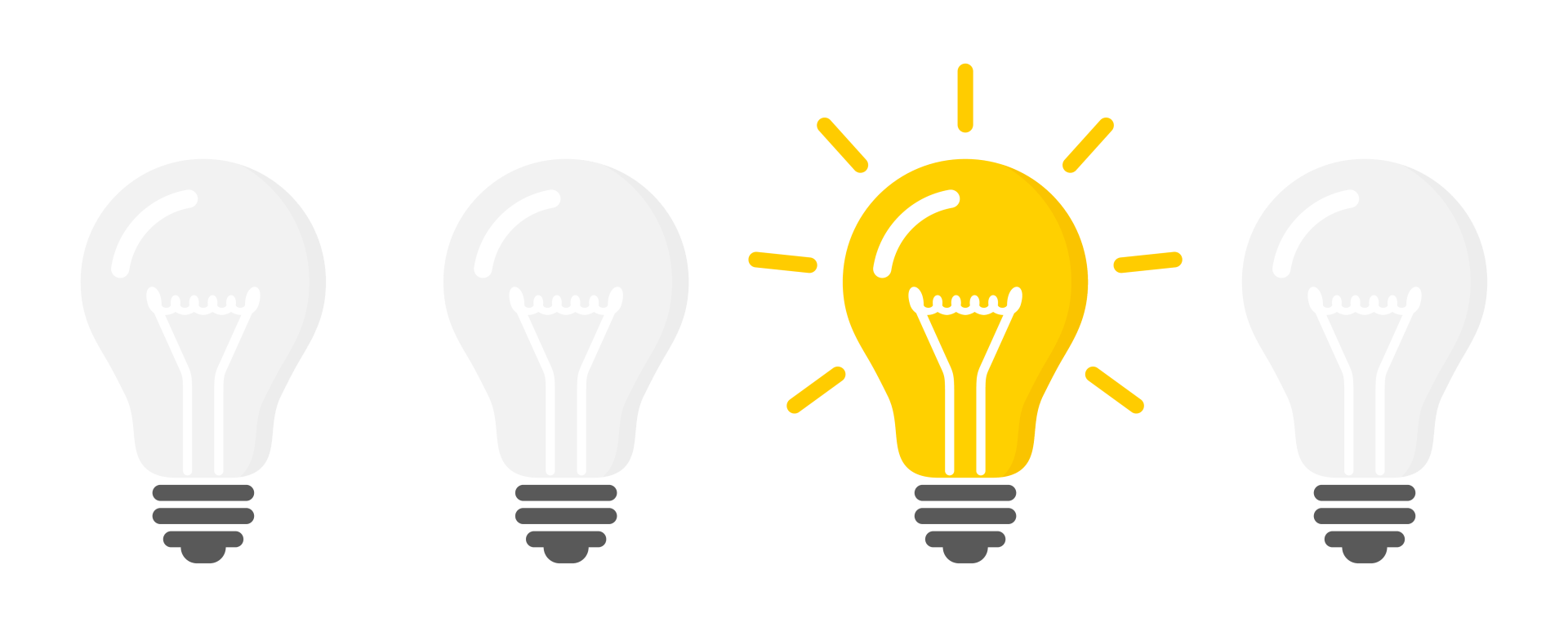 A set of light bulbs with a yellow light bulb in the middle.