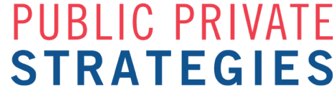 A red , white and blue logo for public private strategies