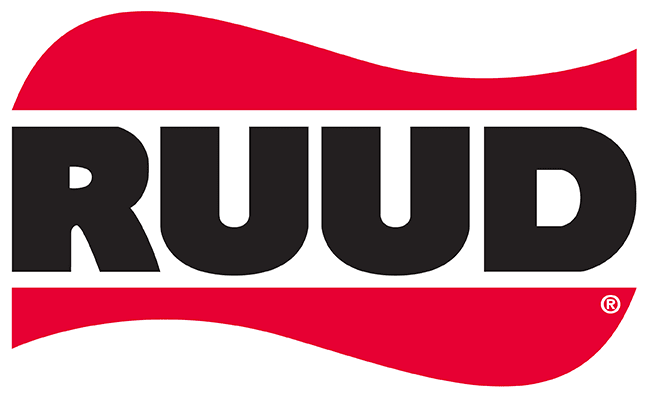 RUUD logo in bold black letters with red wave accents above and below