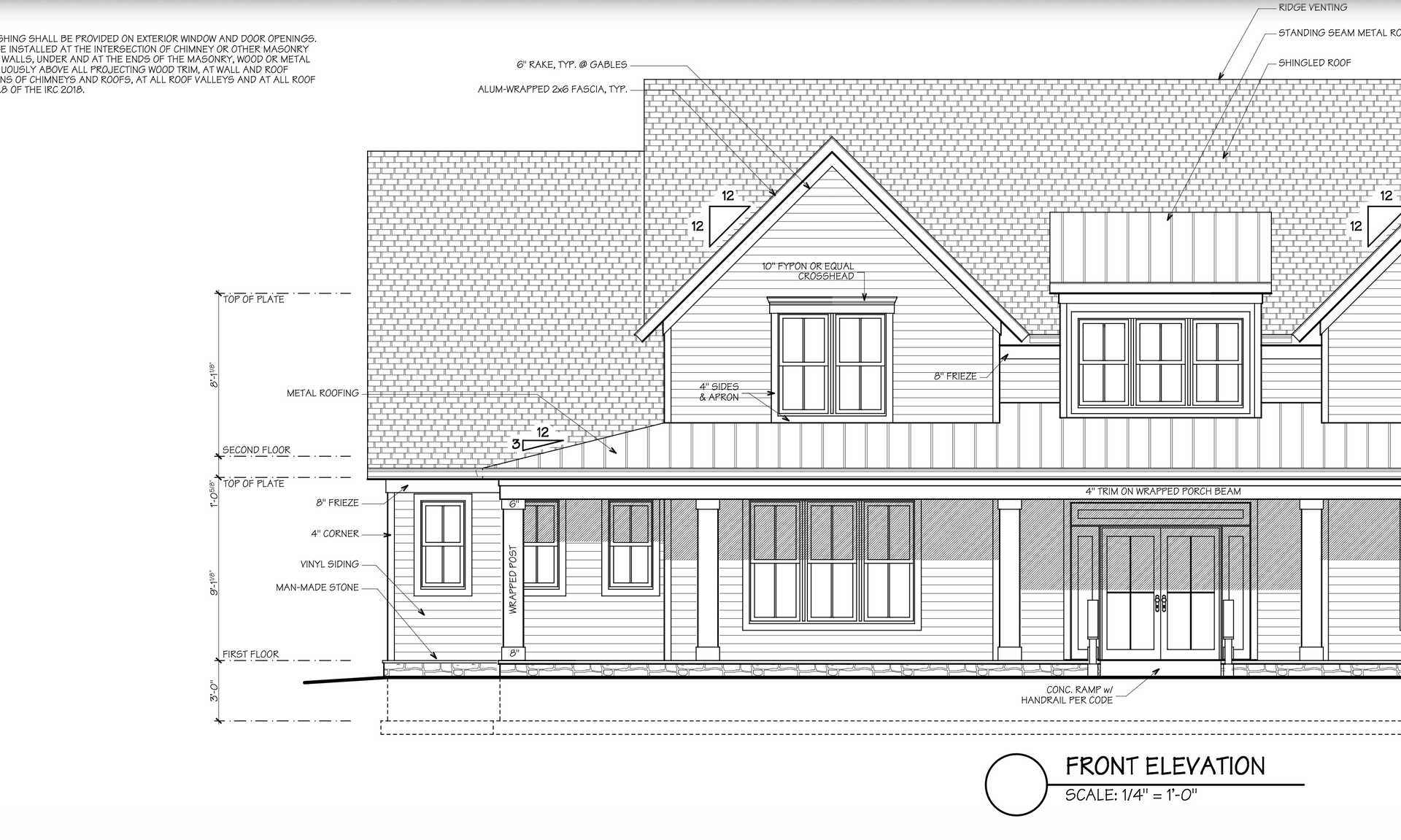Architectural elevation drawing of a two-story house with a gabled roof and front porch