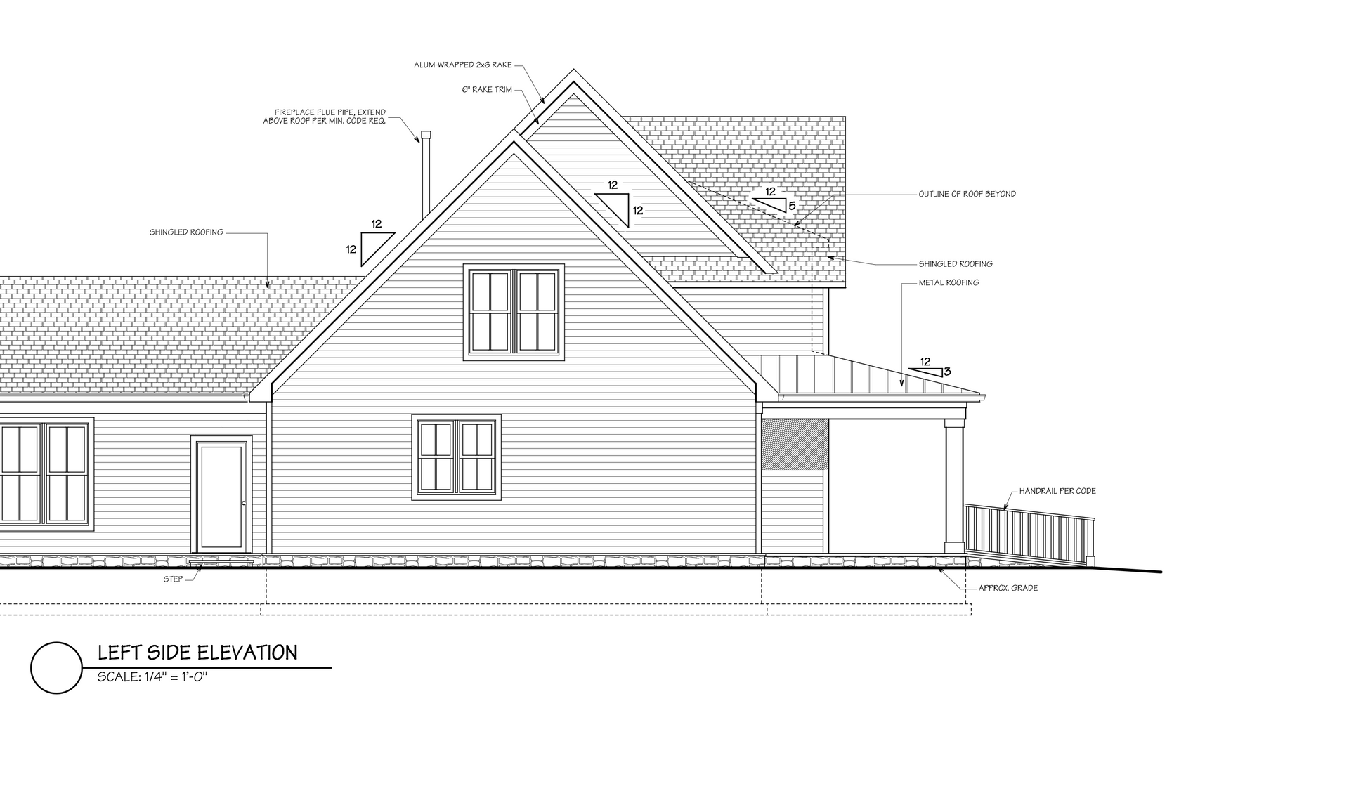 Architectural elevation drawing of a house exterior with rooflines, windows, and a porch.