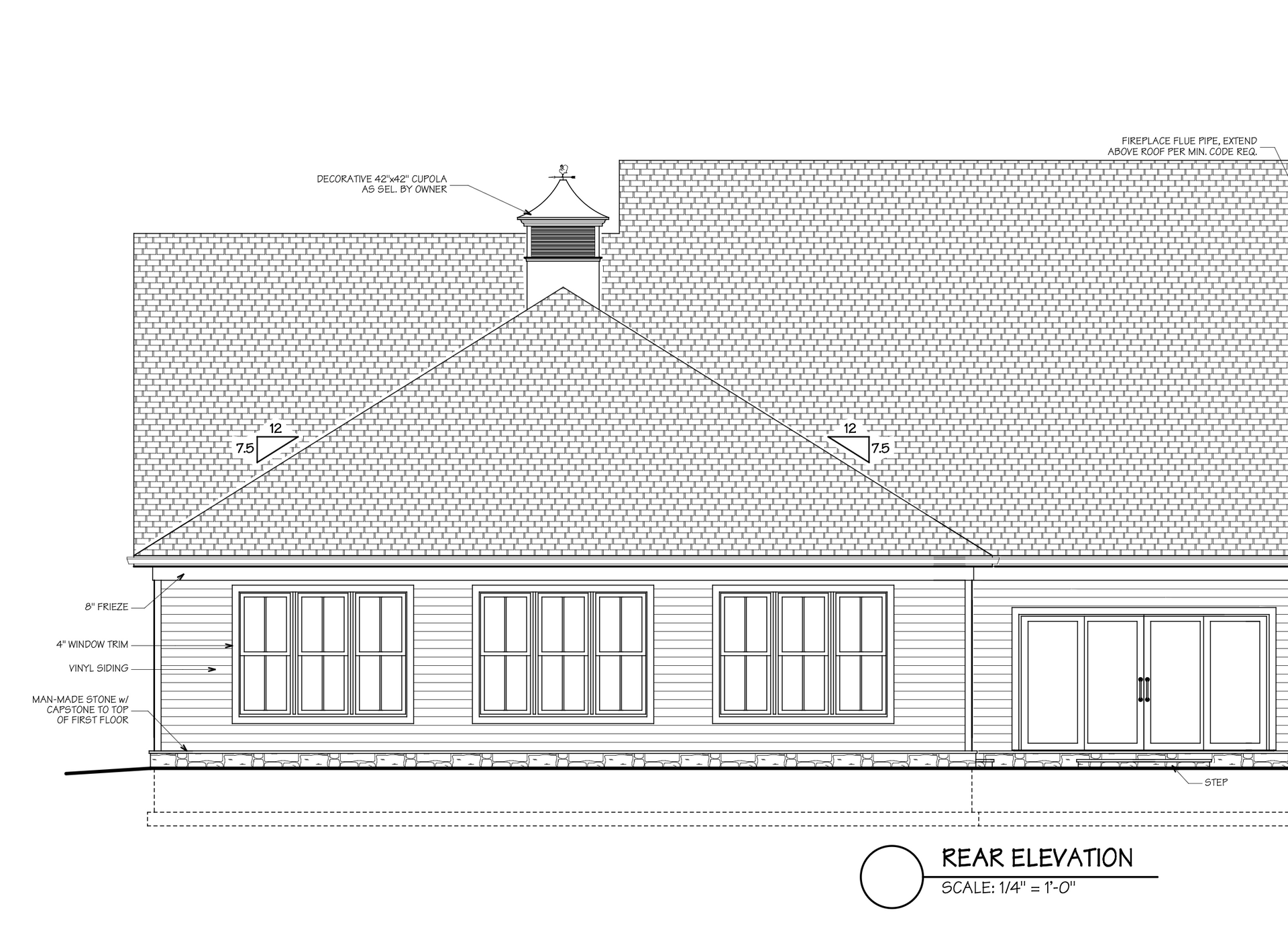 Architectural elevation drawing of a single-story house with a gabled roof and garage doors