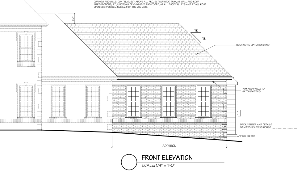 Architectural front elevation drawing of a house with roof, windows, and labeled measurements
