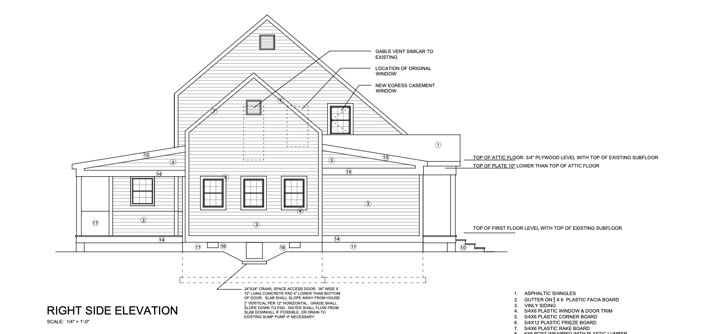 Architectural elevation drawing of a house with roof and exterior dimensions annotated.