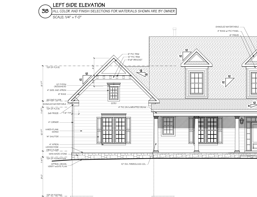 Architectural elevation drawing of a house exterior, showing roof, windows, and porch details.
