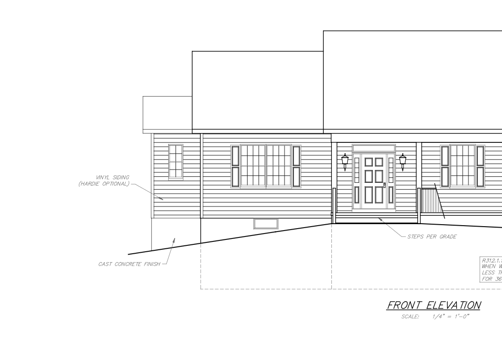 Front elevation architectural drawing of a house with windows, porch, and sloped rooflines