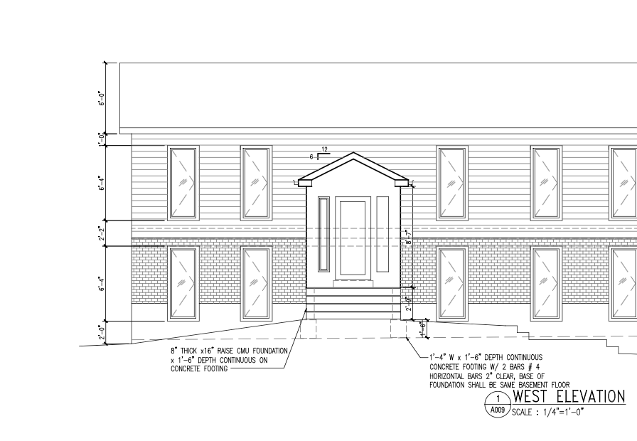 Architectural elevation of a two-story building with a central entrance and window layout.