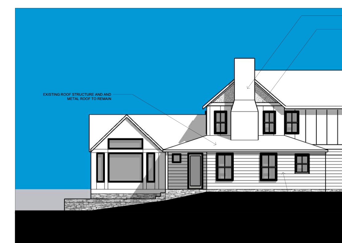 Architectural elevation of a white house on a blue background, showing front and side views