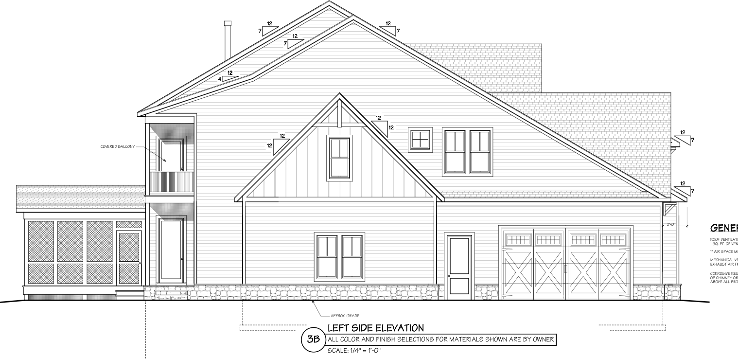 Architectural elevation drawing of a two-story house with garage, front porch, and gabled roof