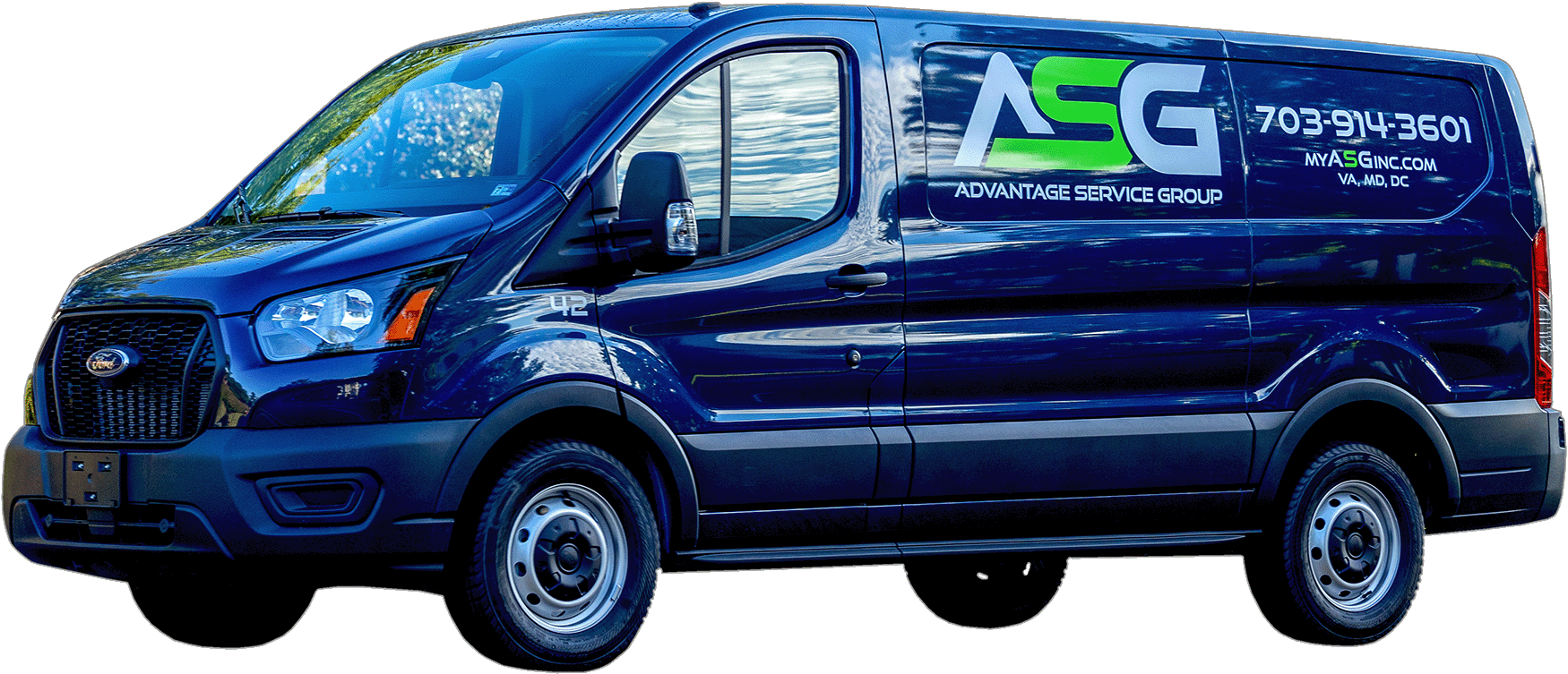 Blue cargo van with ASG logo and phone number on the side