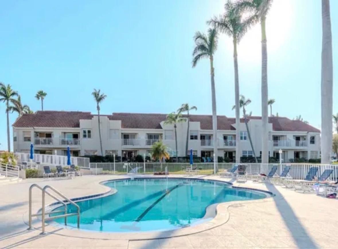 Sunny pool courtyard with palm trees and white apartment buildings behind a turquoise swimming pool