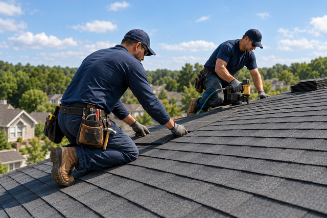 Two roofers in dark work clothes installing shingles on a steep roof under a blue sky.