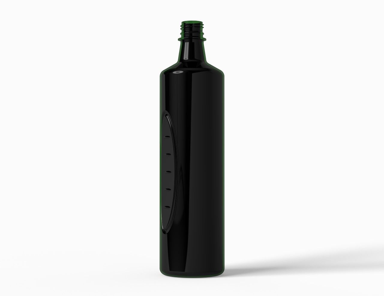 Botella de plástico negra con cuello estrecho sobre fondo blanco
