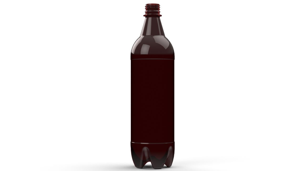 Una botella de refresco de plástico marrón oscuro sobre un fondo blanco.