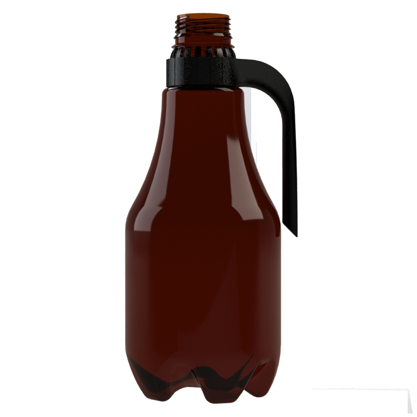 Botella de plástico marrón con asa y tapón negro sobre fondo blanco.