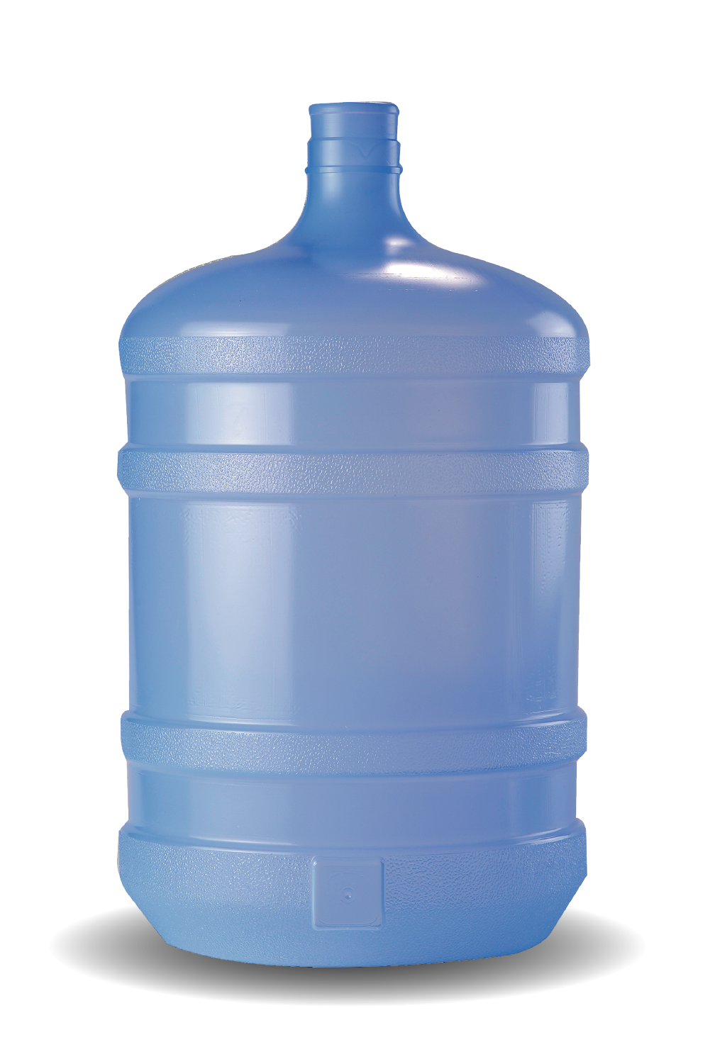 Botella de plástico azul para dispensador de agua sobre un fondo blanco.