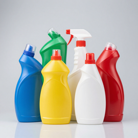 Cinco botellas de spray de colores (azul, verde, amarillo, blanco y rojo) dispuestas sobre un fondo claro.
