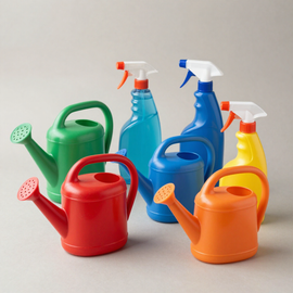 Regaderas y pulverizadores de plástico de colores dispuestos sobre un fondo gris liso.