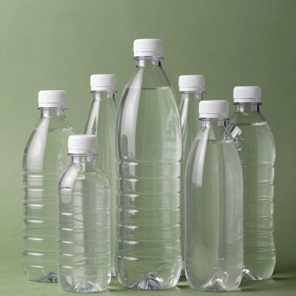 Varias botellas de agua de plástico transparente con tapones blancos, dispuestas sobre una superficie gris con fondo verde.