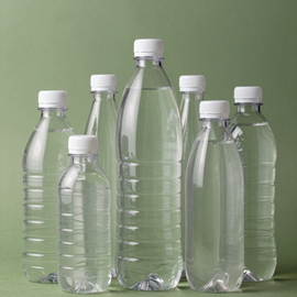 Cuatro botellas de agua de plástico transparente de tamaños crecientes, colocadas sobre un fondo blanco.