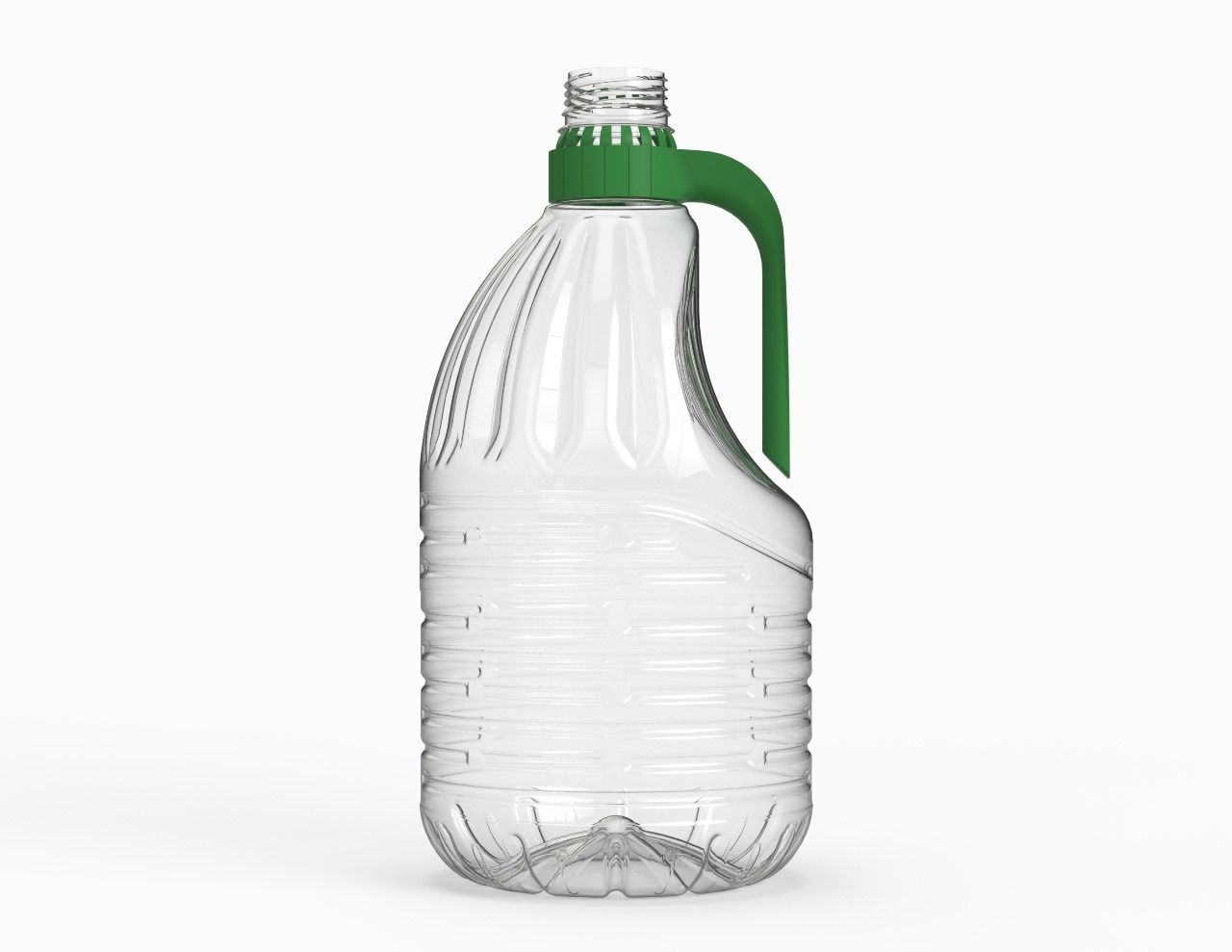 Botella de agua de plástico transparente con asa y tapón verdes, parcialmente llena, aislada sobre fondo blanco.