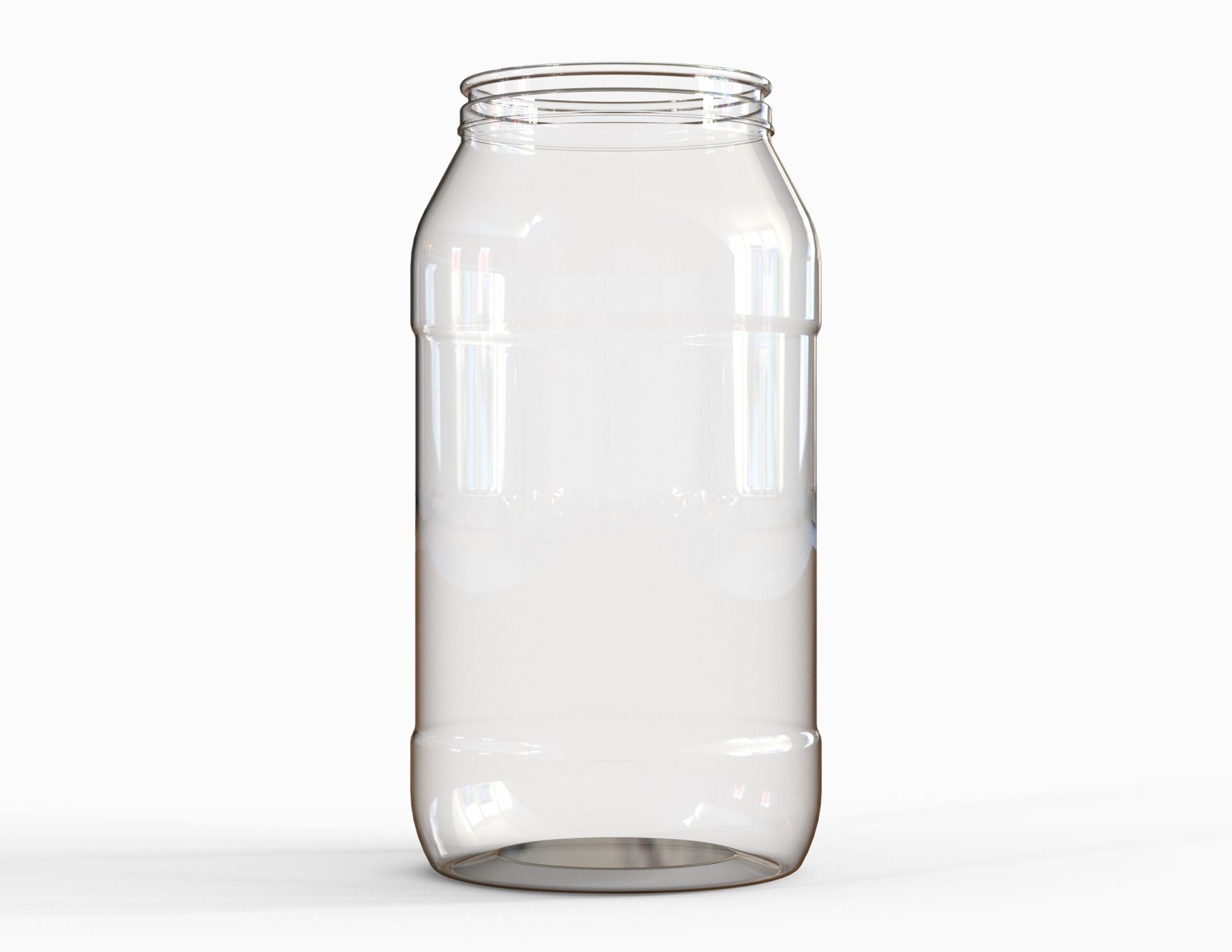 Un frasco de vidrio vacío y transparente sobre un fondo blanco.