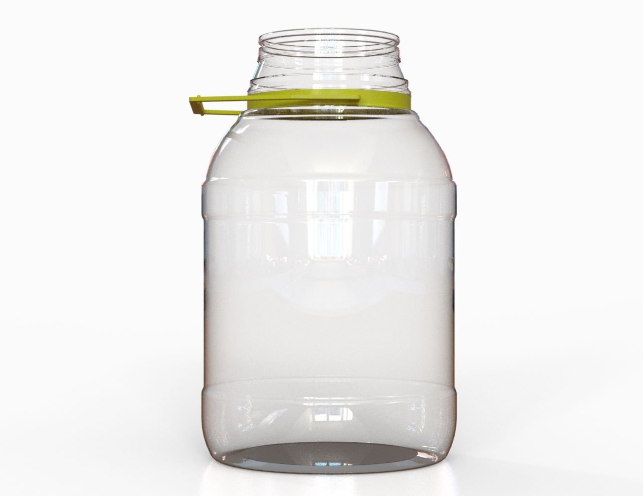 Tarro de plástico transparente con tapa amarilla y asa sobre fondo blanco.