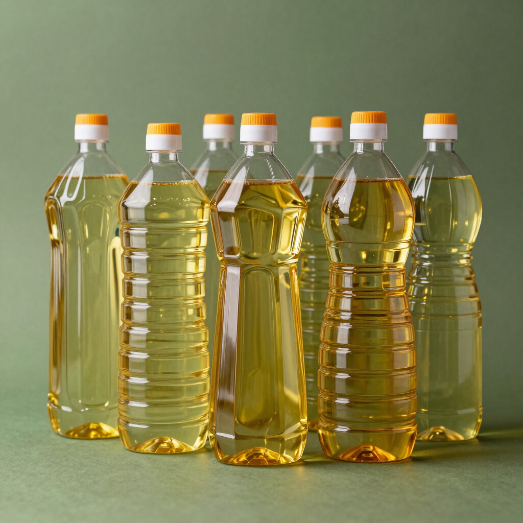 Varias botellas de plástico transparente de aceite de cocina amarillo sobre un fondo verde liso.
