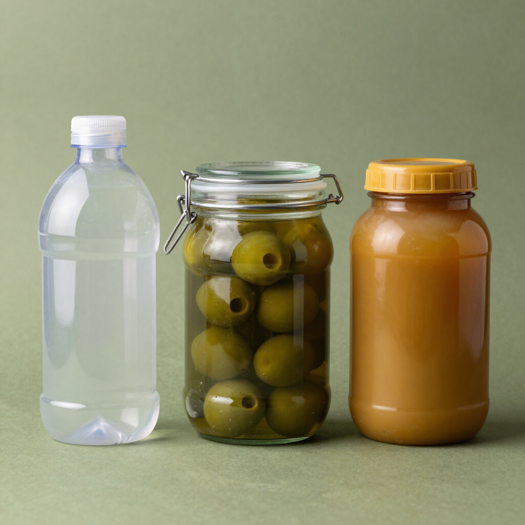 Tres recipientes sobre un fondo verde: una botella de plástico transparente, un tarro de aceitunas y un tarro de color ámbar.