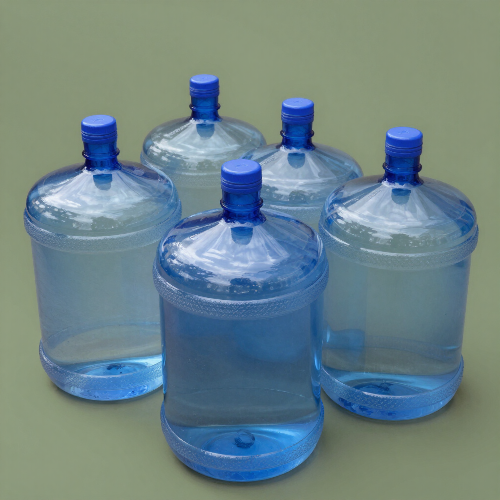 Cinco garrafas de agua de plástico azul con sus tapones, dispuestas sobre una superficie verde lisa.
