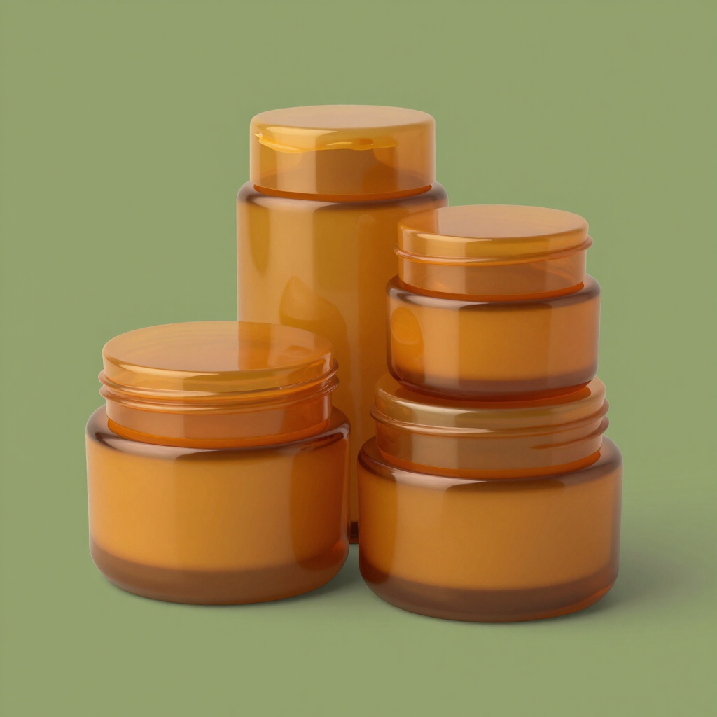 Cuatro tarros de cosméticos de color ámbar con tapa sobre un fondo verde apagado.