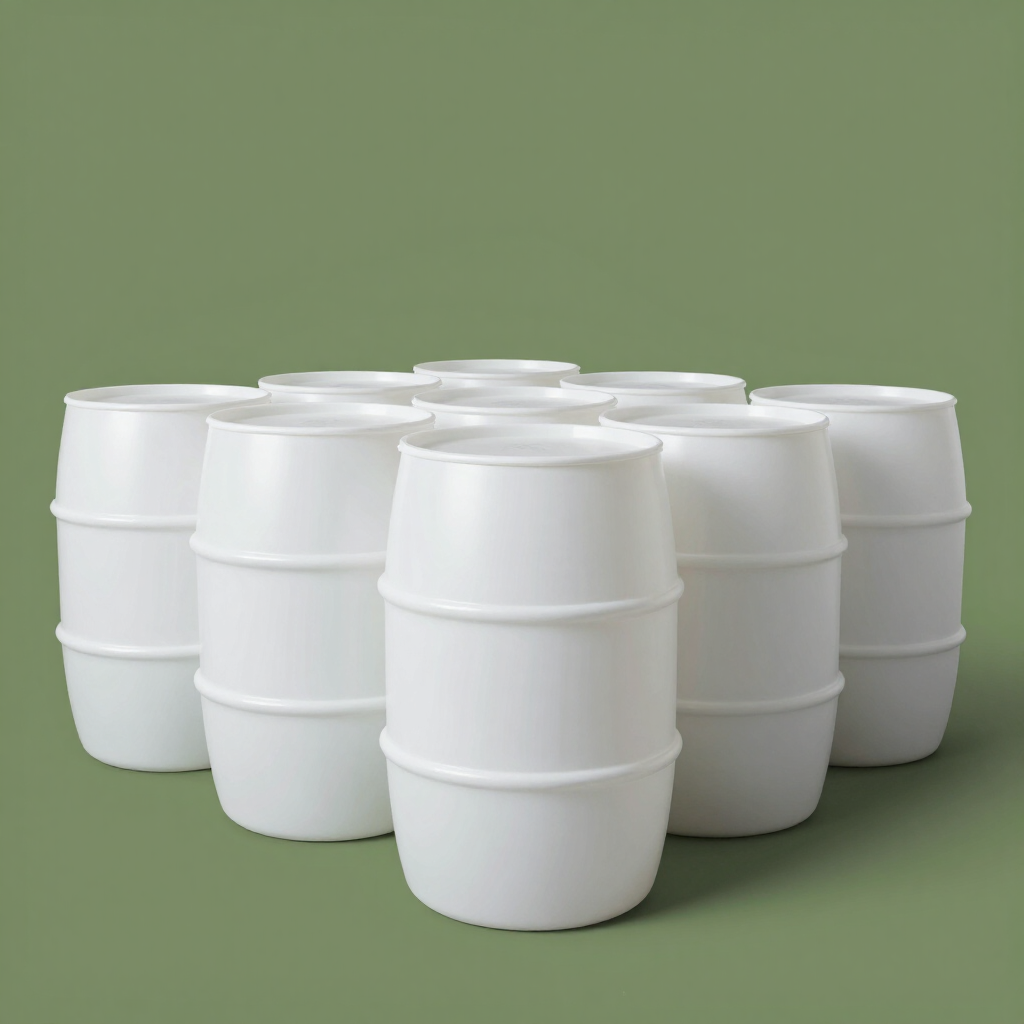 Grupo de barriles de plástico blanco sobre un fondo verde.