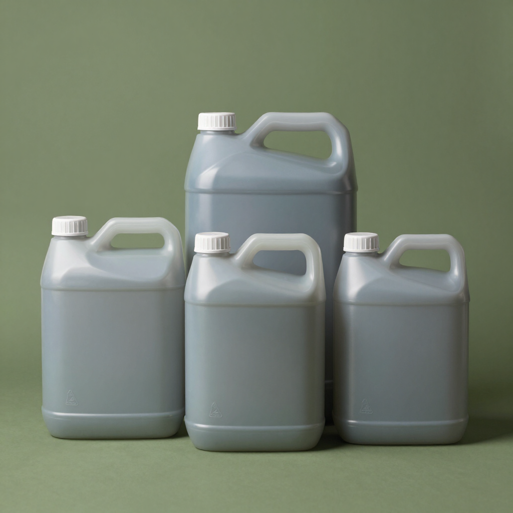 Cuatro jarras de plástico gris con asas y tapones blancos sobre un fondo verde.