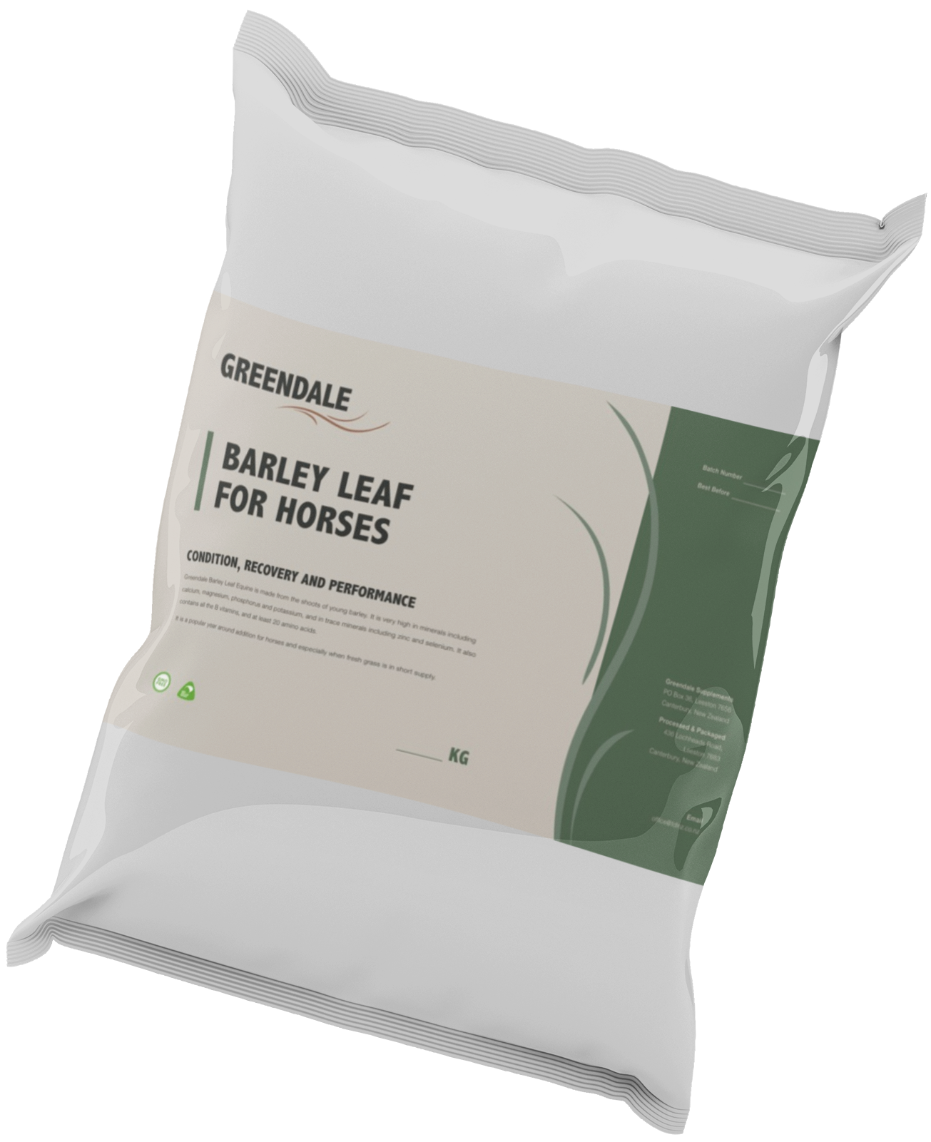 A bag of barley leaf for horses on a white background Greendale Barley Feed