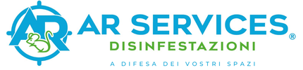 Logo per AR SERVICES DISINFESTAZIONI con un'icona a forma di mirino azzurro contenente un topo stilizzato.