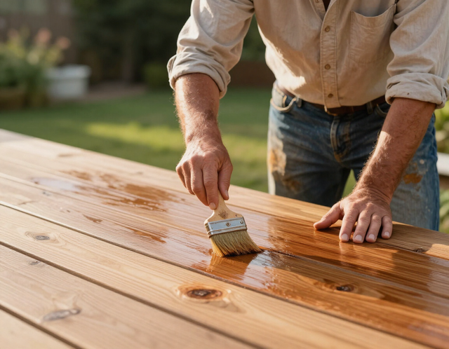 Person applying varnish to a wooden tabletop with a paintbrush outdoors